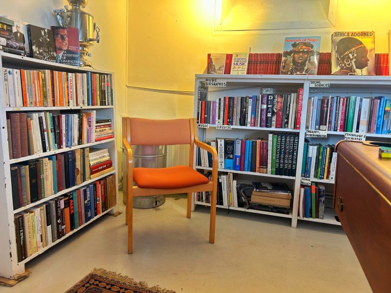 A chair in the middle of bookshelf