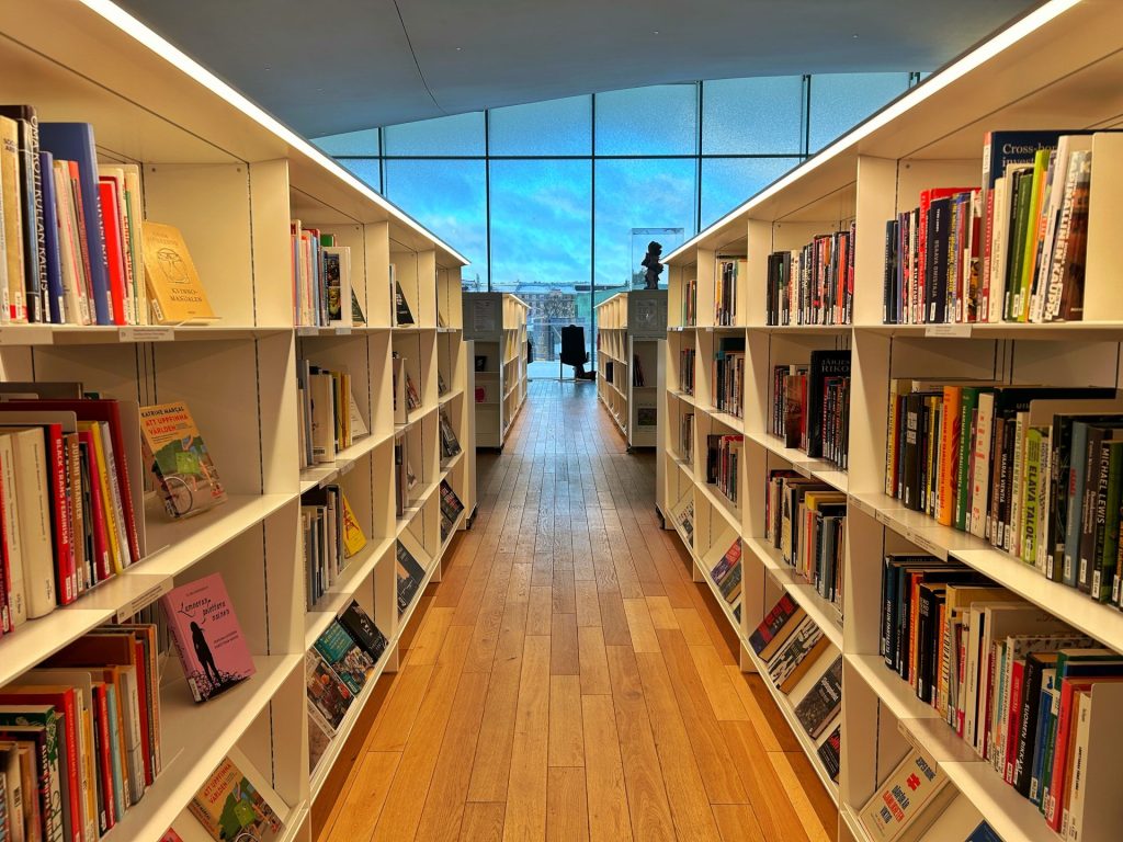 A corridor in between two bookshelf in a library.