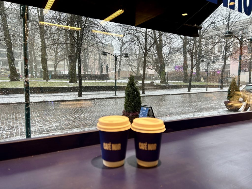 The view of the street from inside Cafe Noir, a cafe in Helsinki, Finland