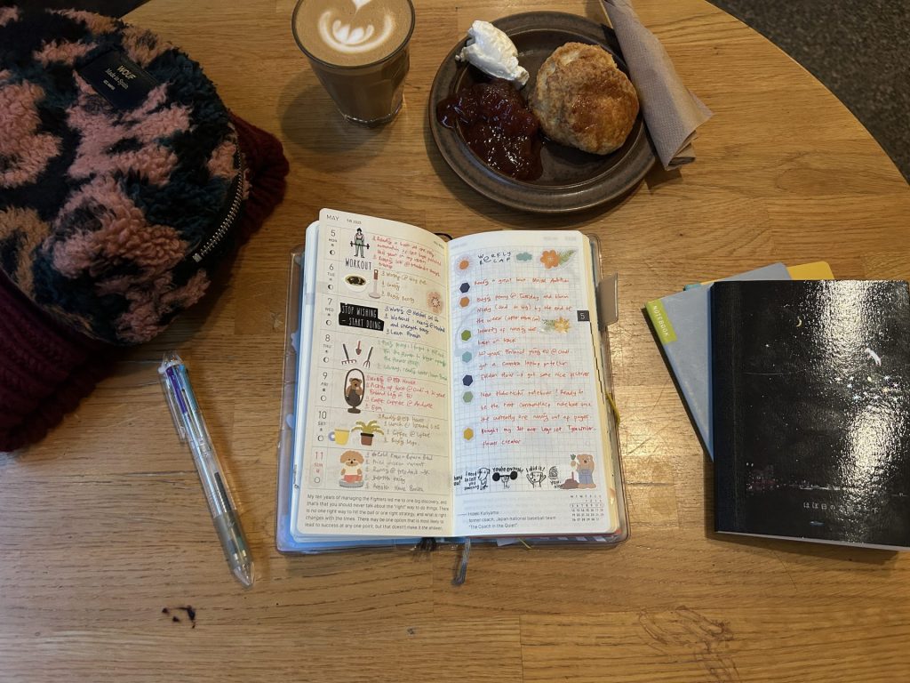 Fully Filled Monthly Calendar of Hobonichi Weeks Mega with a cup of coffee, a plate of scone, some notebooks, and a pen on a wooden table