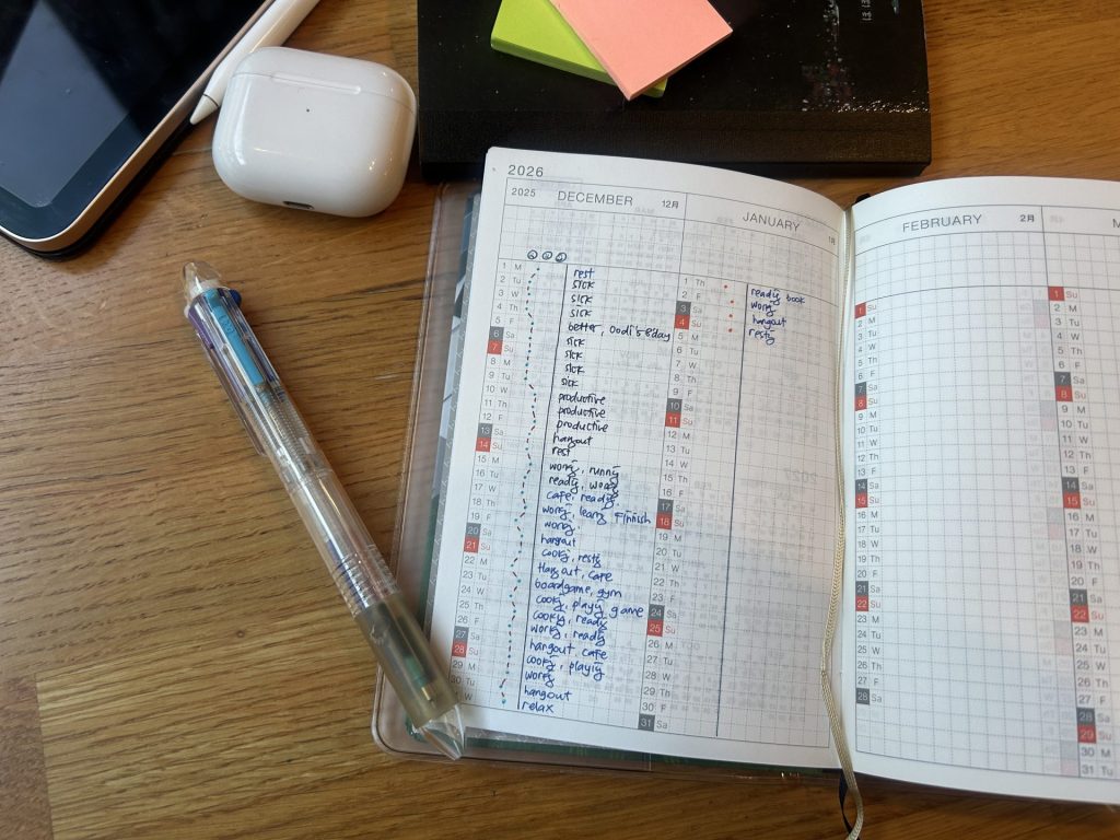 Layout of yearly page Hobonichi A6 filled in the December on a wooden table with pen, airpod, and stack of sticky notes