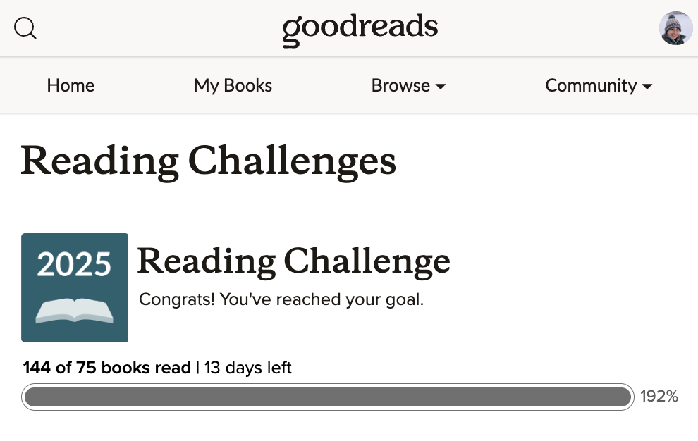 Screenshot of the Goodreads Reading Challenge showing 144 books read.