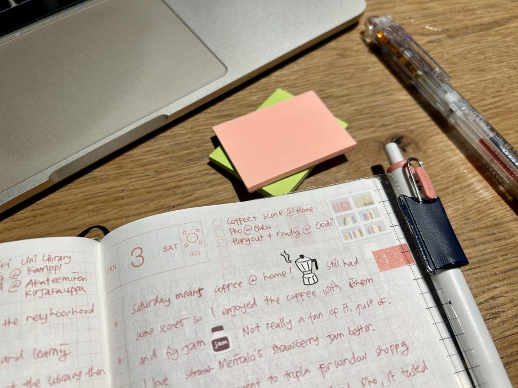 Daily Pages of Hobonichi HON A6 Layout on a wooden table with a stack of sticky notes, two pens, and a macbook