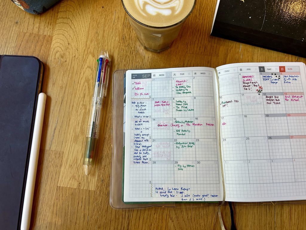 obonichi Techo monthly calendar spread used as an event reminder and hobby log, with handwritten dates and colorful hobby entries.